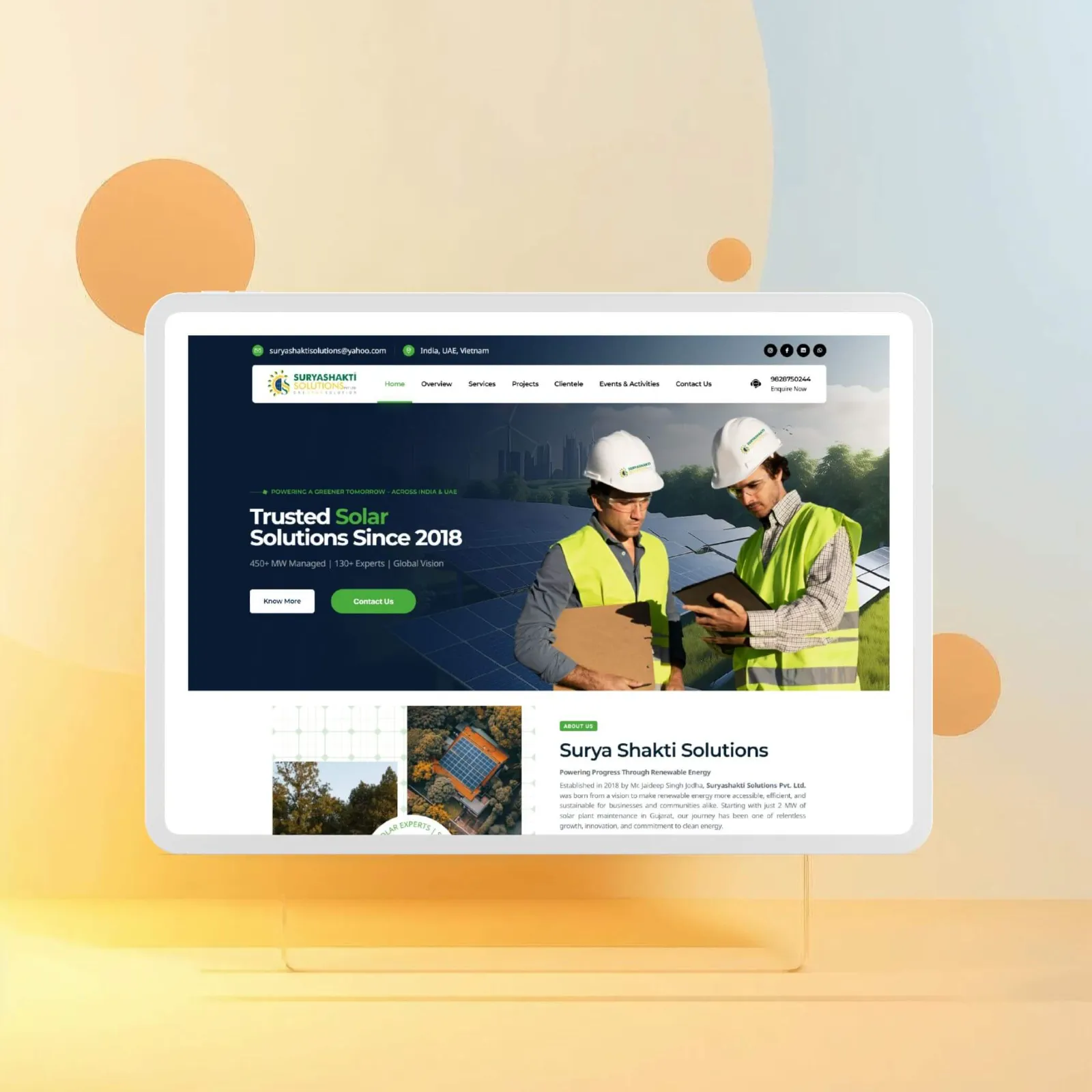 Surya Shakti Solutions website designed by CoregenX, shown on a tablet
